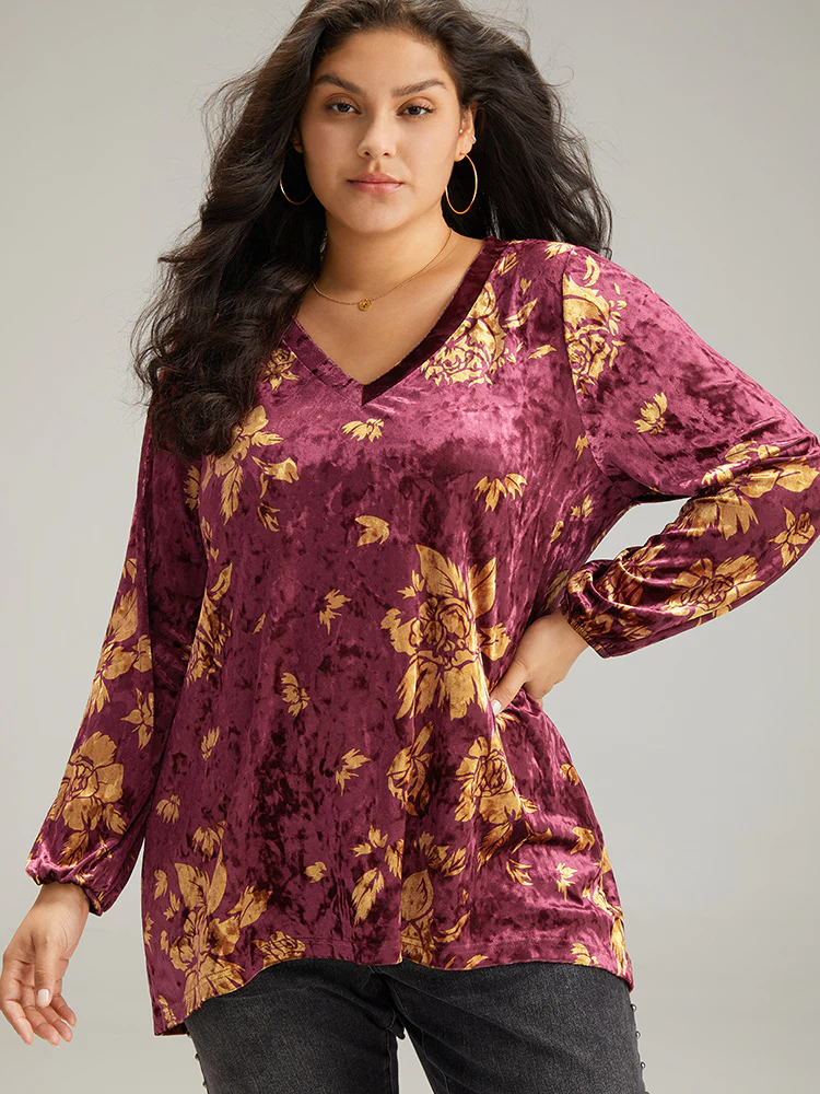 Velvet Silhouette Floral Print Lantern Sleeve T-shirt - Image 3