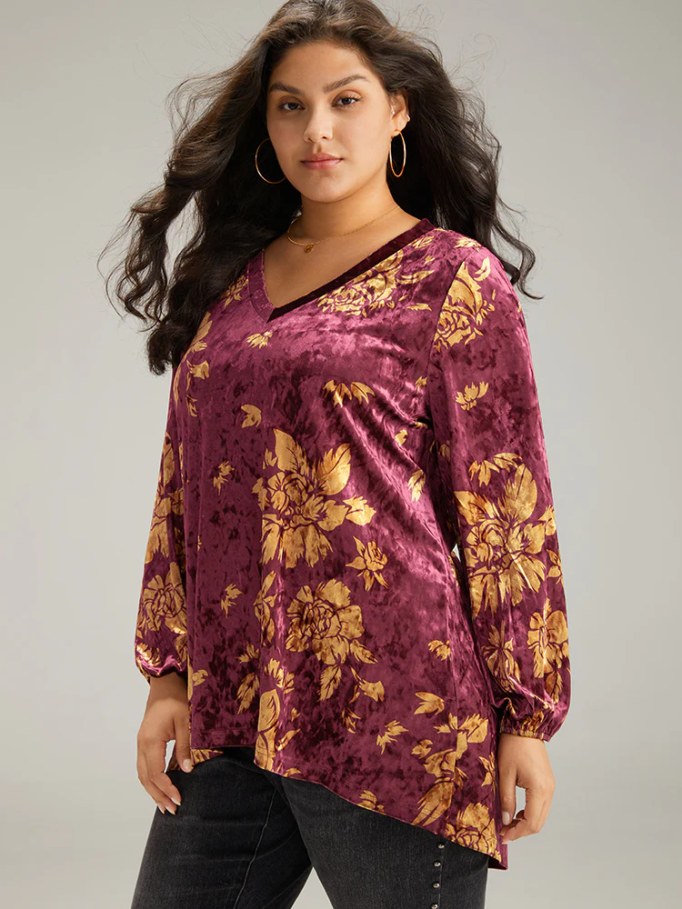 Velvet Silhouette Floral Print Lantern Sleeve T-shirt - Image 4