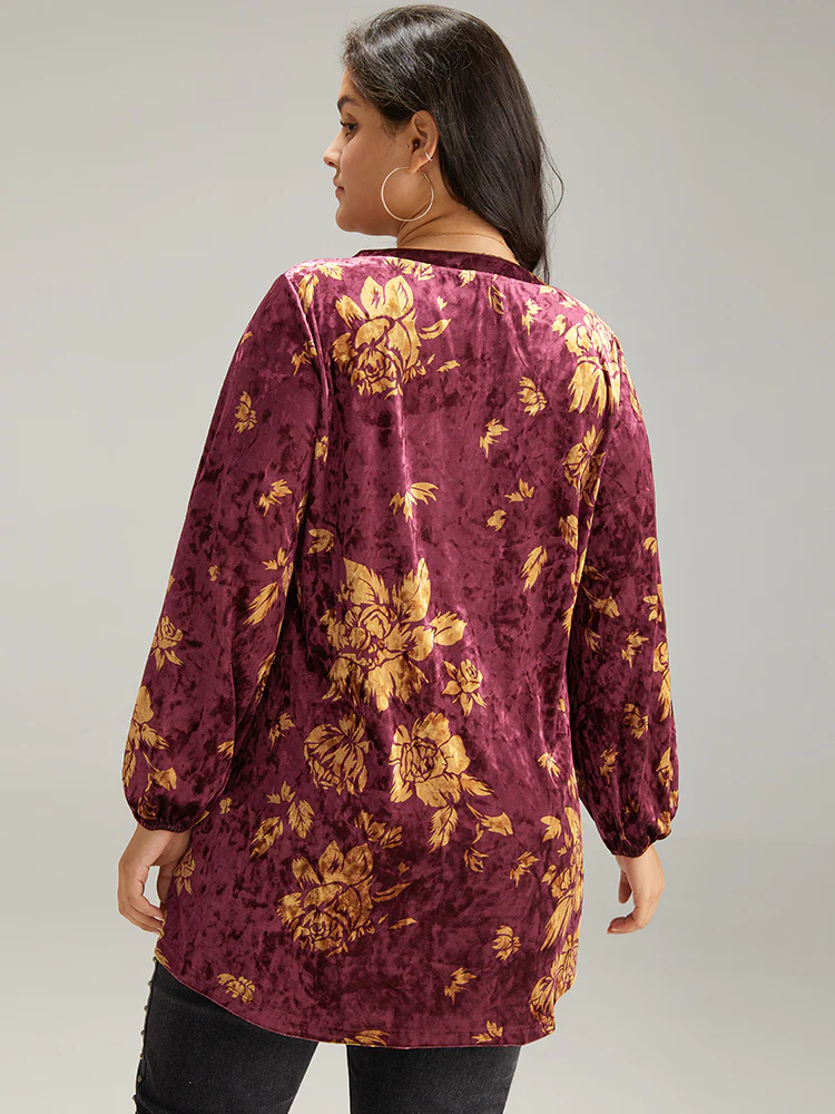 Velvet Silhouette Floral Print Lantern Sleeve T-shirt - Image 5
