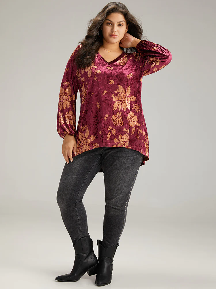 Velvet Silhouette Floral Print Lantern Sleeve T-shirt - Image 6