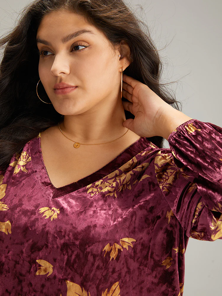 Velvet Silhouette Floral Print Lantern Sleeve T-shirt - Image 7