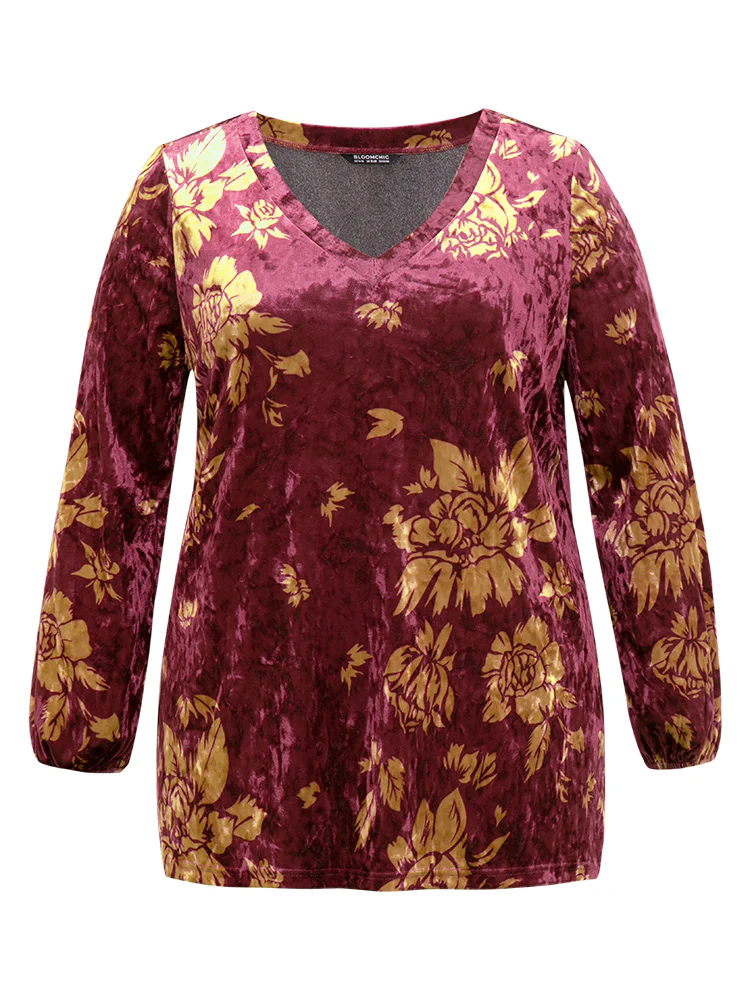 Velvet Silhouette Floral Print Lantern Sleeve T-shirt - Image 8