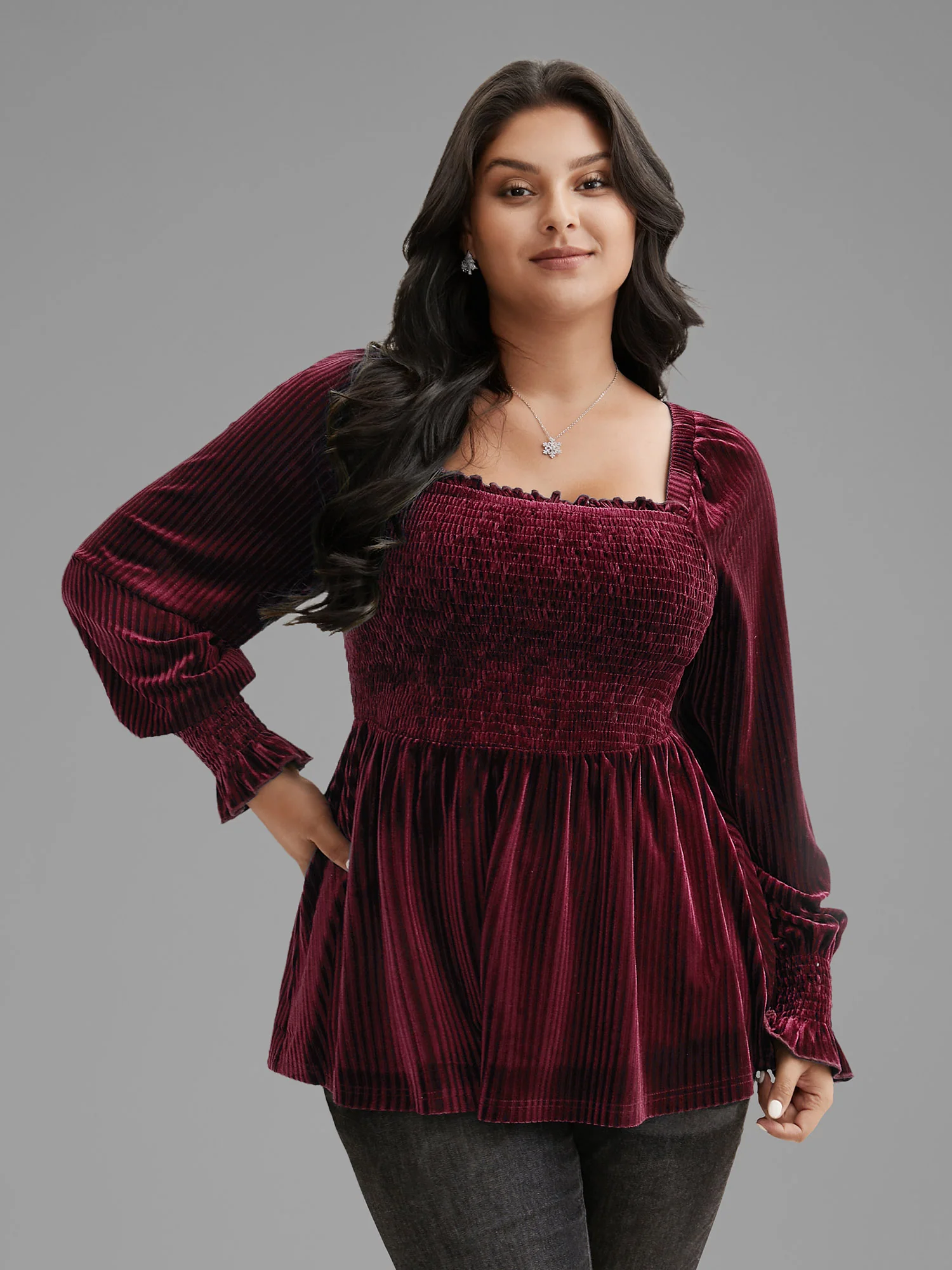 Velvet Smocked Bodice Jersey Top - Image 9