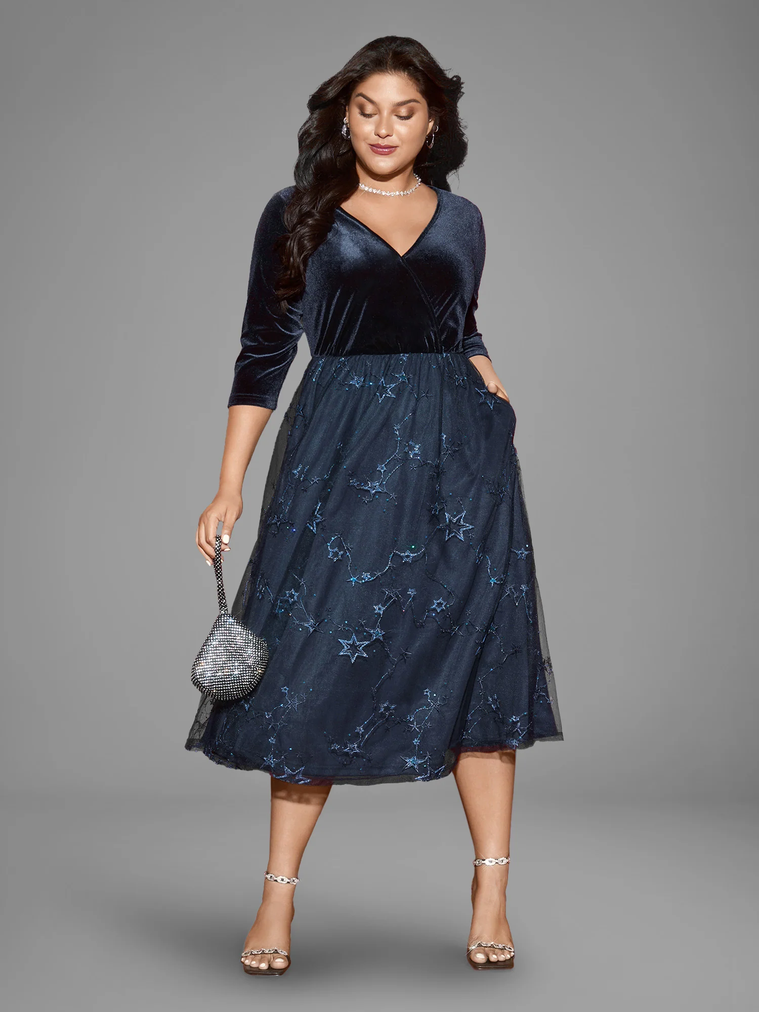 Velvet Star Mesh Surplice Neckline Midi Dress - Image 3