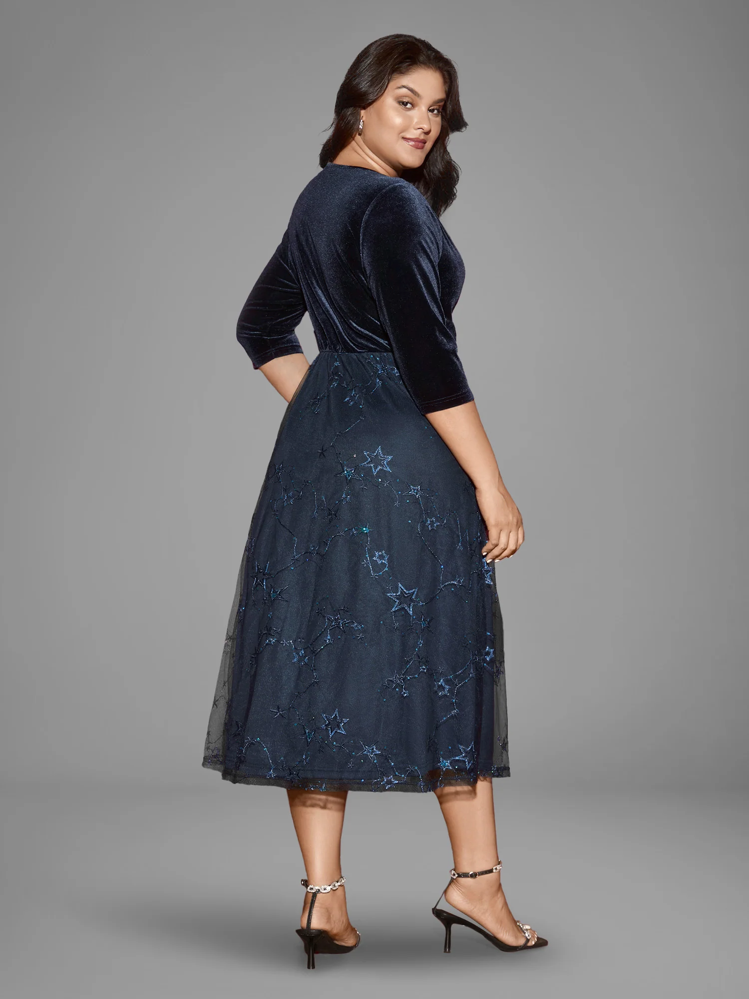 Velvet Star Mesh Surplice Neckline Midi Dress - Image 4