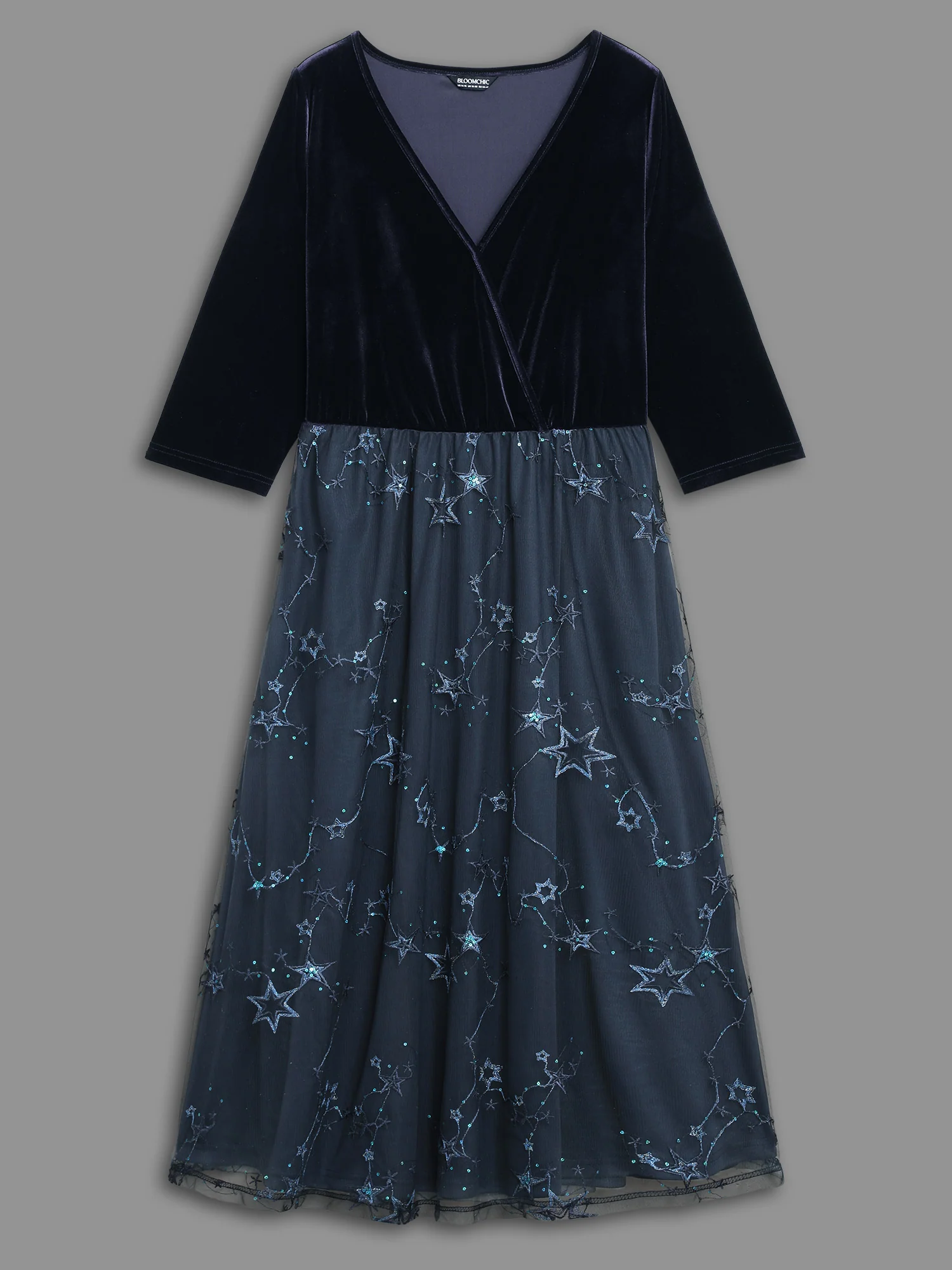 Velvet Star Mesh Surplice Neckline Midi Dress - Image 7