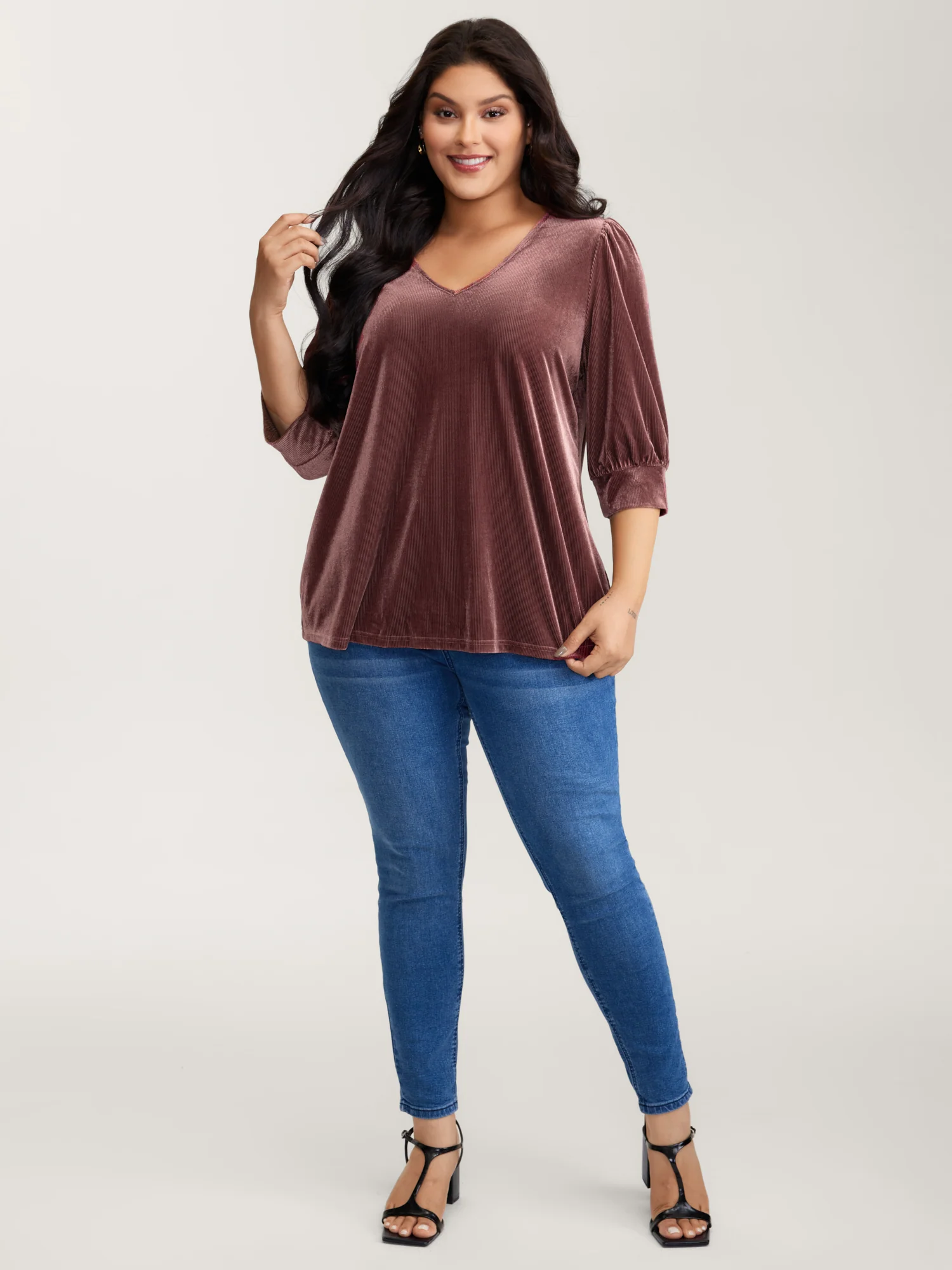 Velvet Textured Drape V-Neck Top - Image 3