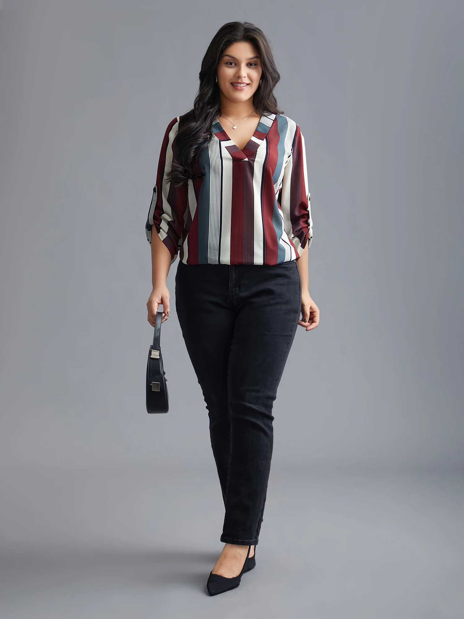 Vertical Striped V-Neck Tab Sleeve Blouse - Image 2