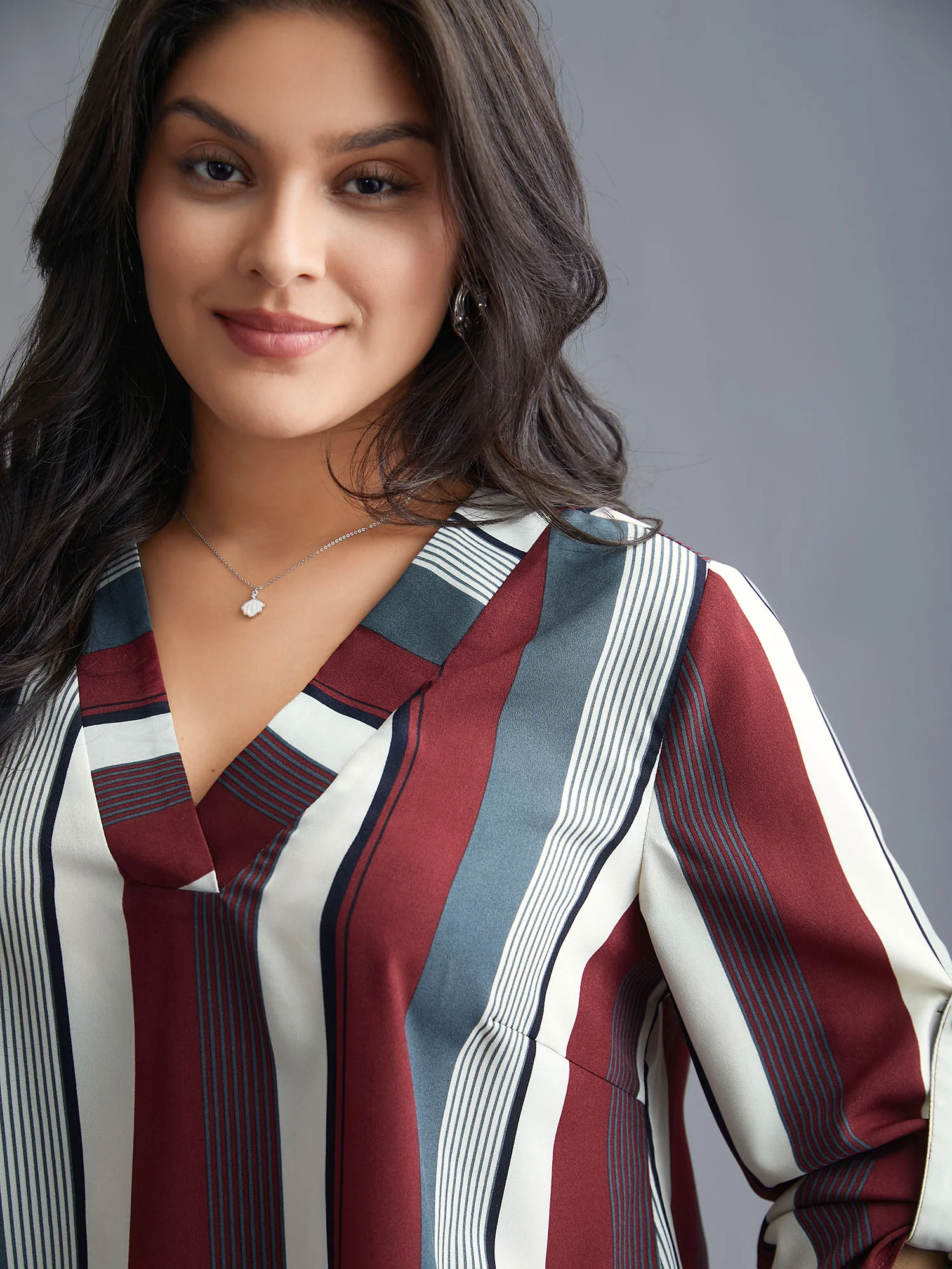 Vertical Striped V-Neck Tab Sleeve Blouse - Image 3