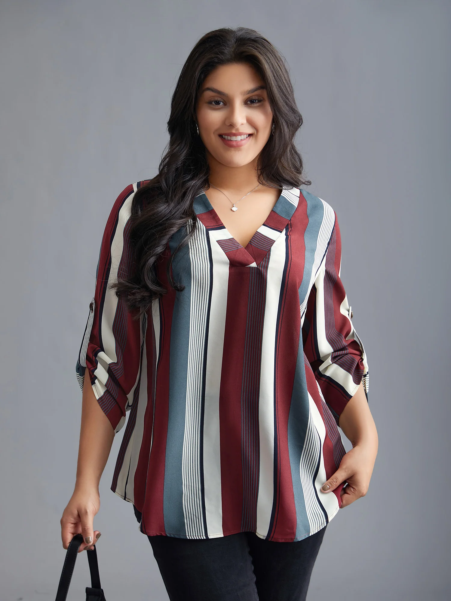 Vertical Striped V-Neck Tab Sleeve Blouse - Image 4