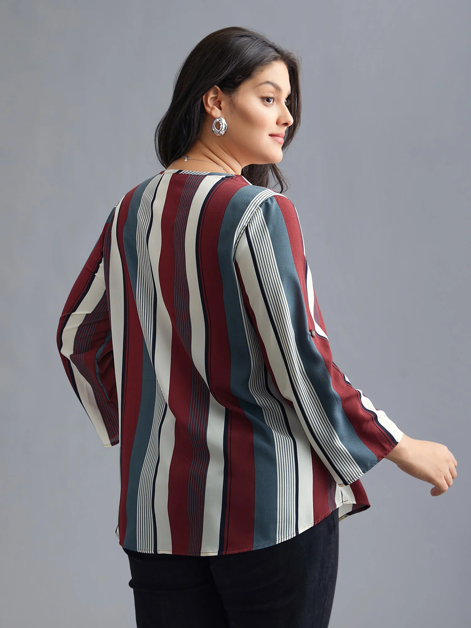 Vertical Striped V-Neck Tab Sleeve Blouse - Image 5