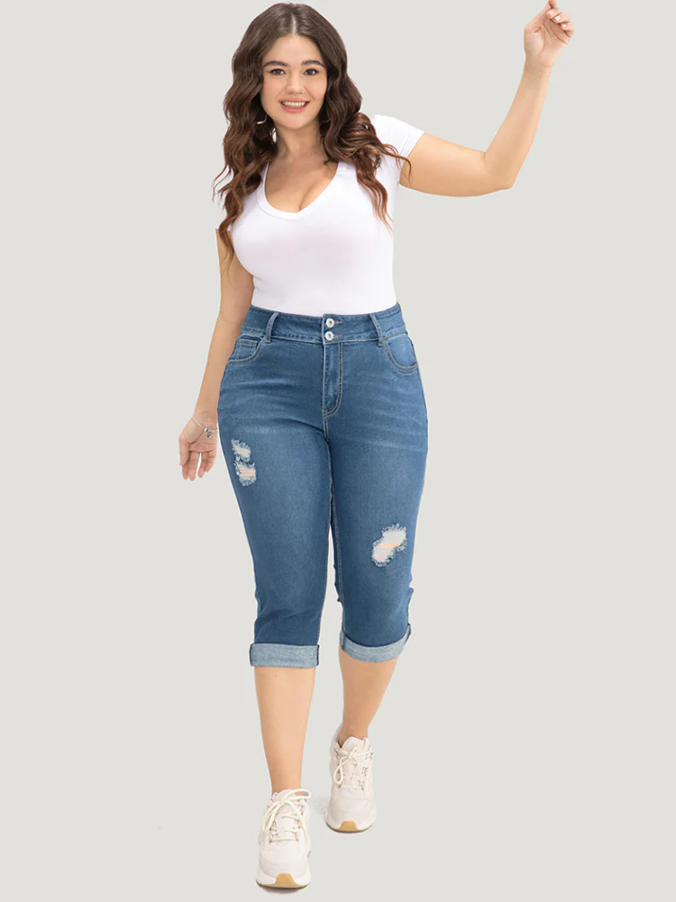 Very Stretchy Dark Wash Cuffed Hem Distressed Knee Denim Shorts - Image 2