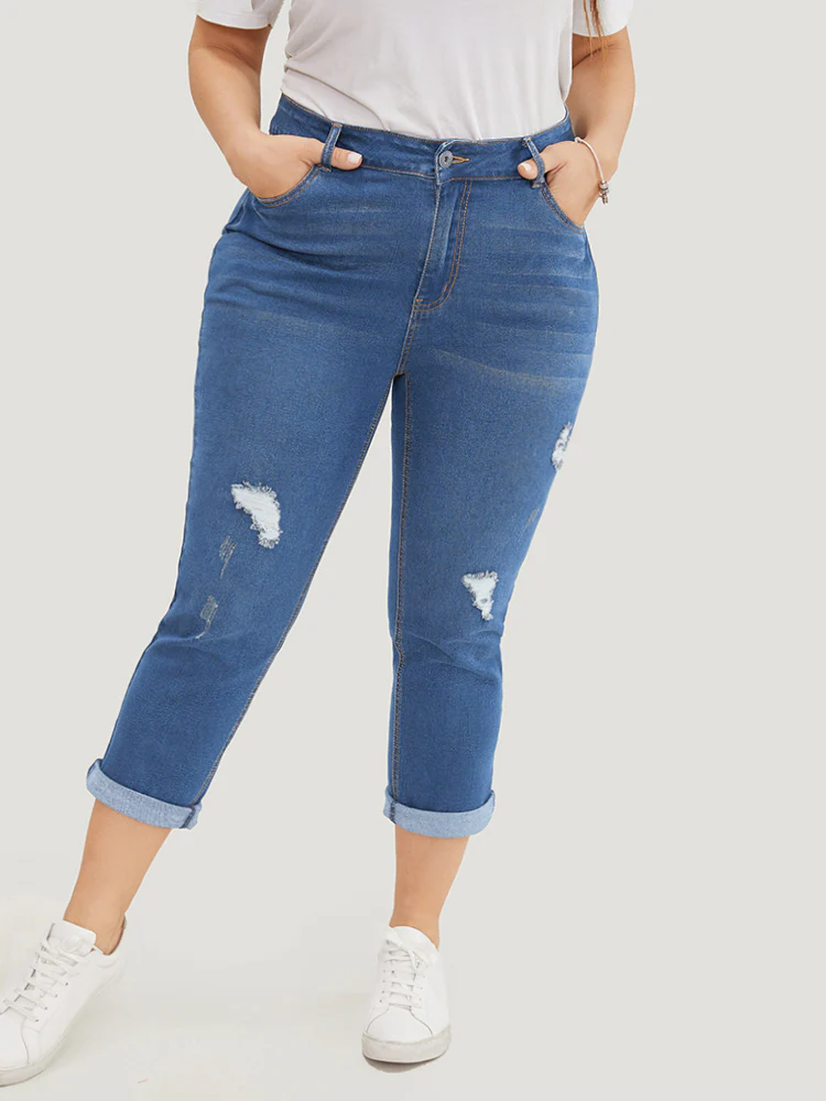 Very Stretchy Dark Wash Roll Hem Cropped Jeans