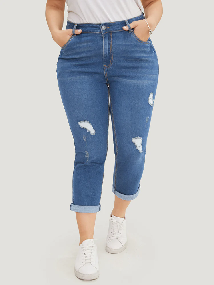 Very Stretchy Dark Wash Roll Hem Cropped Jeans - Image 2