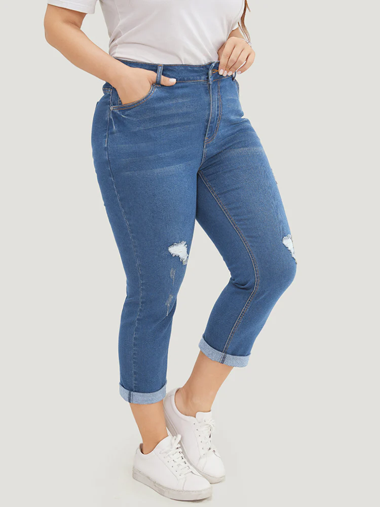 Very Stretchy Dark Wash Roll Hem Cropped Jeans - Image 3
