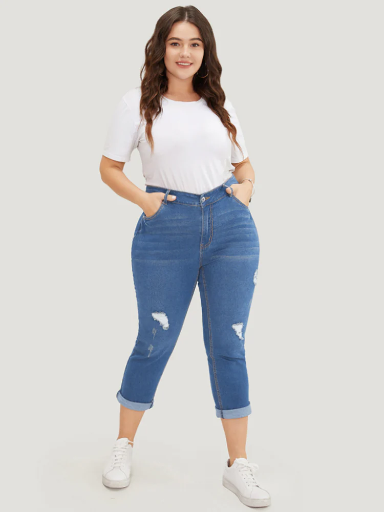 Very Stretchy Dark Wash Roll Hem Cropped Jeans - Image 4