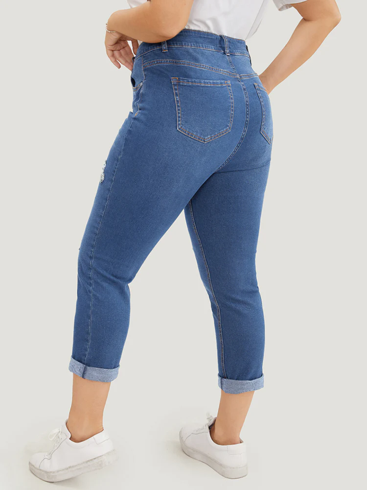 Very Stretchy Dark Wash Roll Hem Cropped Jeans - Image 5