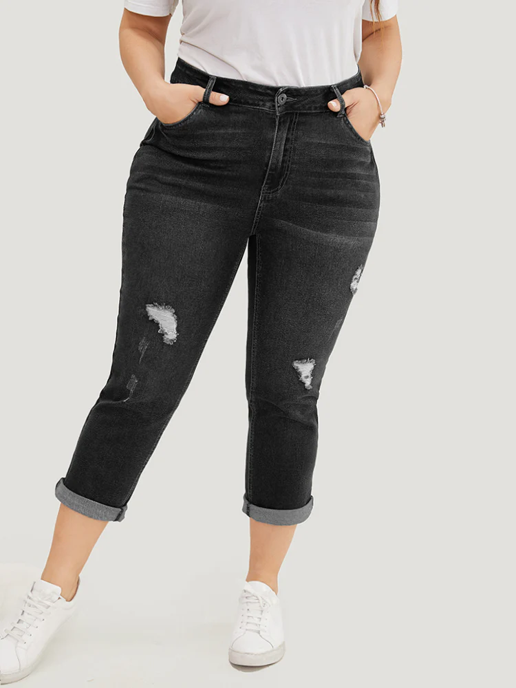 Very Stretchy Dark Wash Roll Hem Cropped Jeans - Image 6