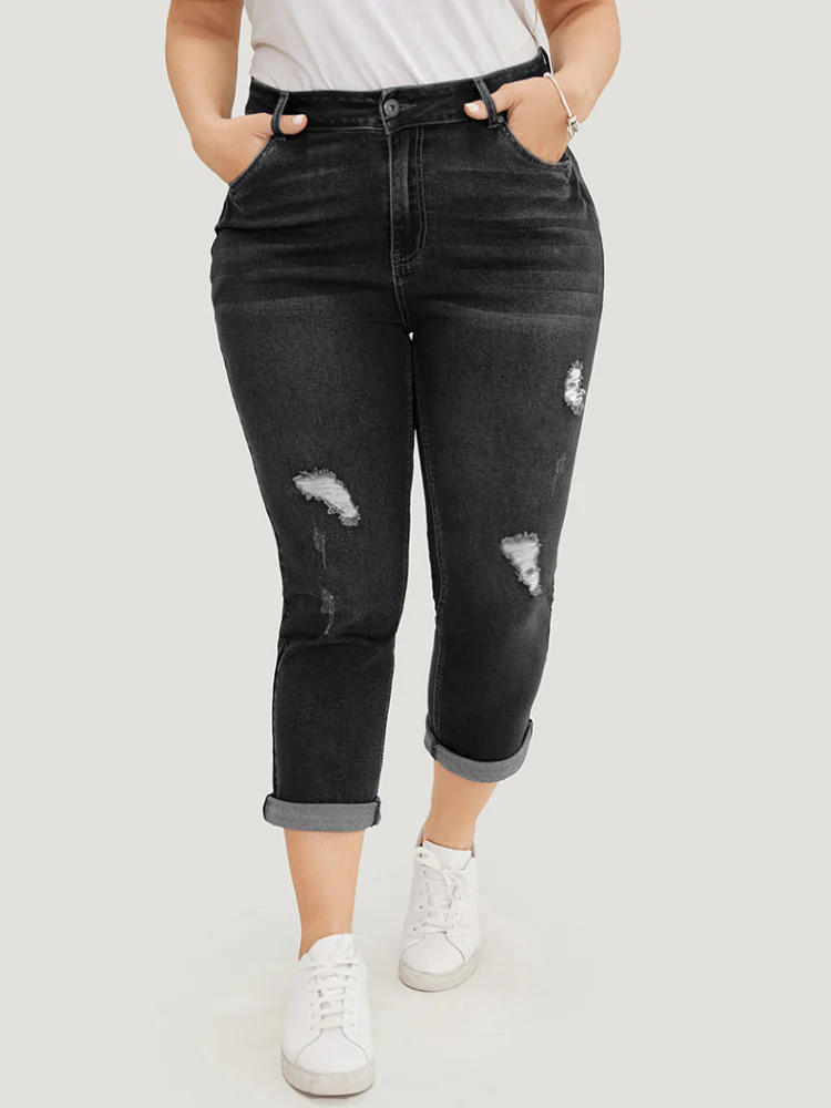 Very Stretchy Dark Wash Roll Hem Cropped Jeans - Image 7