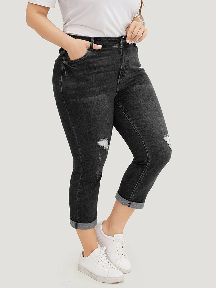 Very Stretchy Dark Wash Roll Hem Cropped Jeans - Image 8