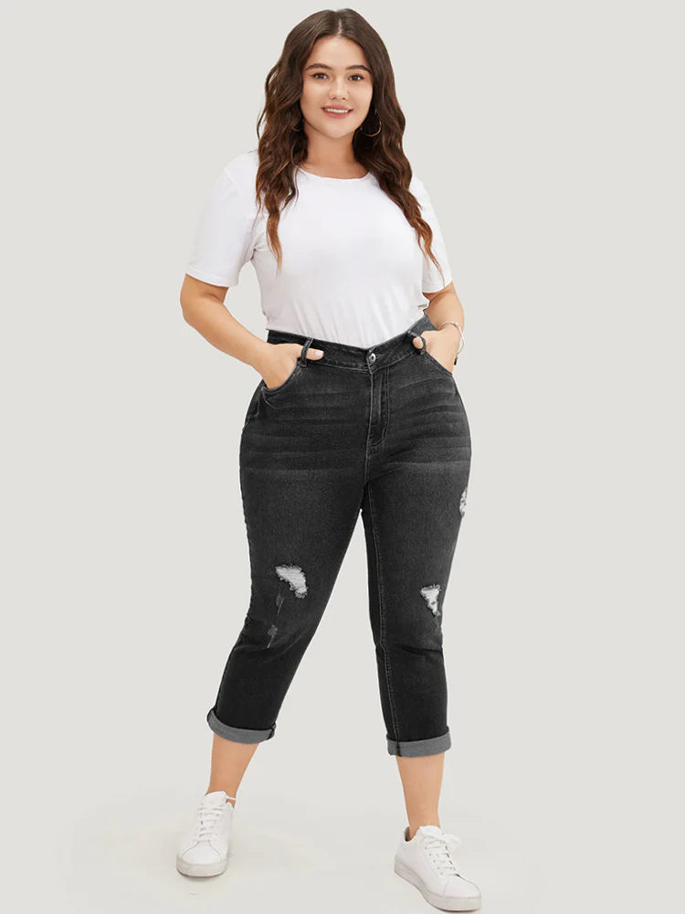 Very Stretchy Dark Wash Roll Hem Cropped Jeans - Image 9