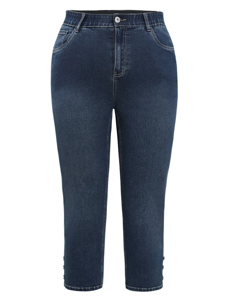 Very Stretchy High Rise  Dark Wash Beaded Detail Cropped Jeans - Image 11