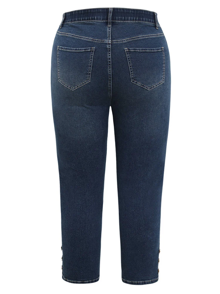 Very Stretchy High Rise  Dark Wash Beaded Detail Cropped Jeans - Image 12