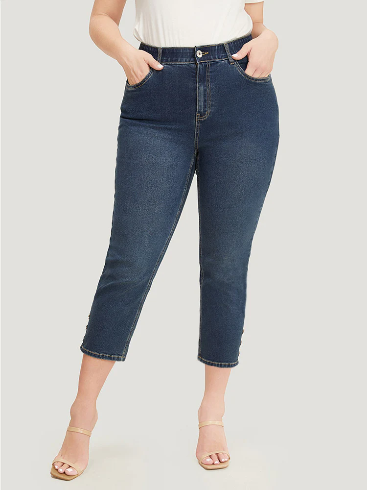 Very Stretchy High Rise  Dark Wash Beaded Detail Cropped Jeans - Image 2