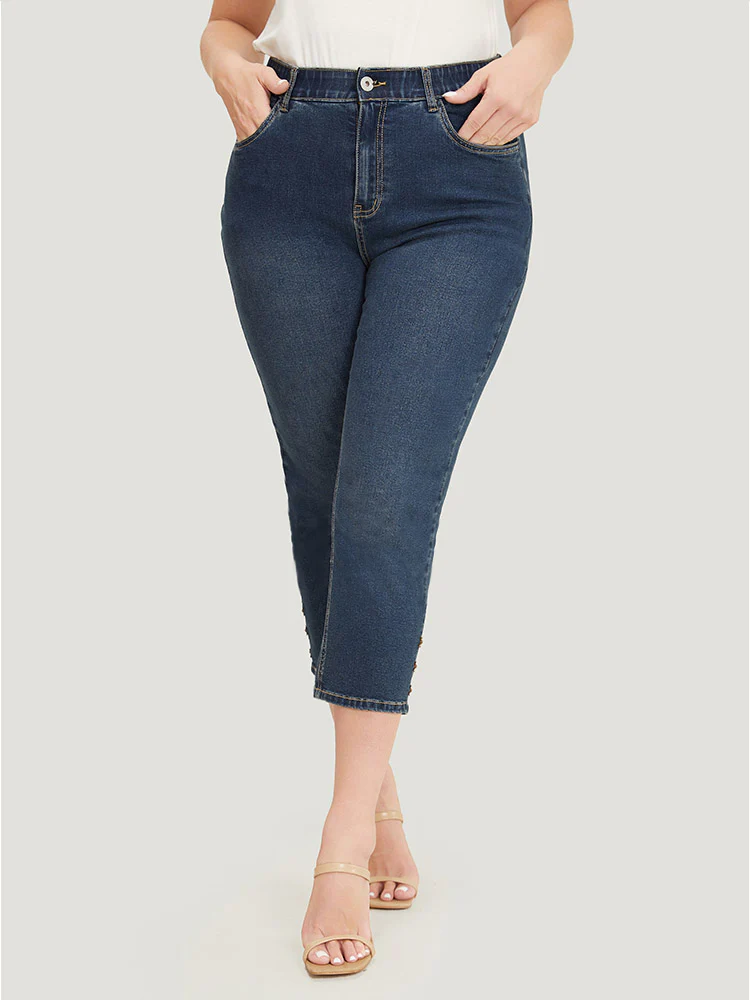 Very Stretchy High Rise  Dark Wash Beaded Detail Cropped Jeans - Image 5