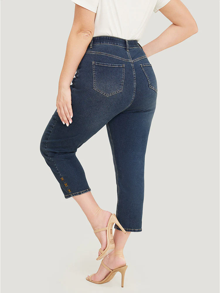 Very Stretchy High Rise  Dark Wash Beaded Detail Cropped Jeans - Image 6