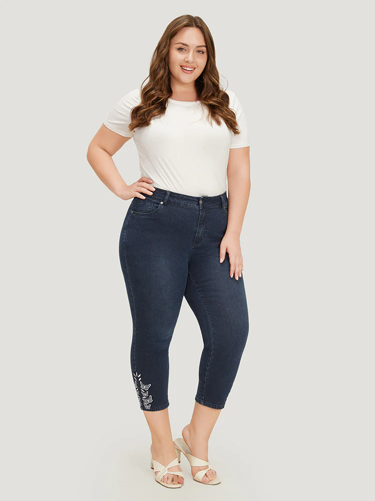 Very Stretchy High Rise Dark Wash Butterfly Embroidered Jeans - Image 2