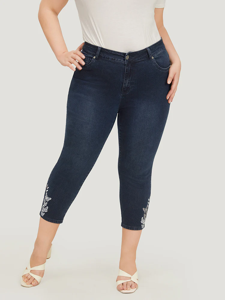 Very Stretchy High Rise Dark Wash Butterfly Embroidered Jeans - Image 3
