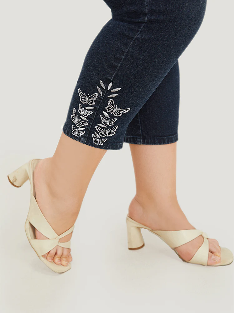 Very Stretchy High Rise Dark Wash Butterfly Embroidered Jeans - Image 4