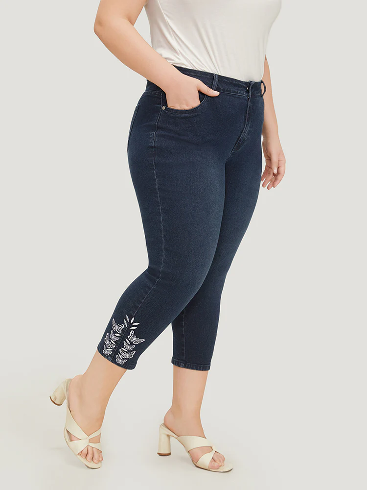 Very Stretchy High Rise Dark Wash Butterfly Embroidered Jeans - Image 5