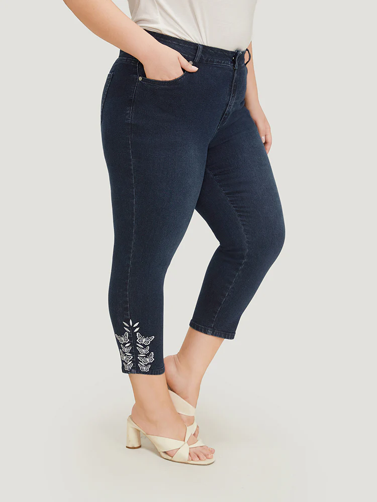 Very Stretchy High Rise Dark Wash Butterfly Embroidered Jeans - Image 6