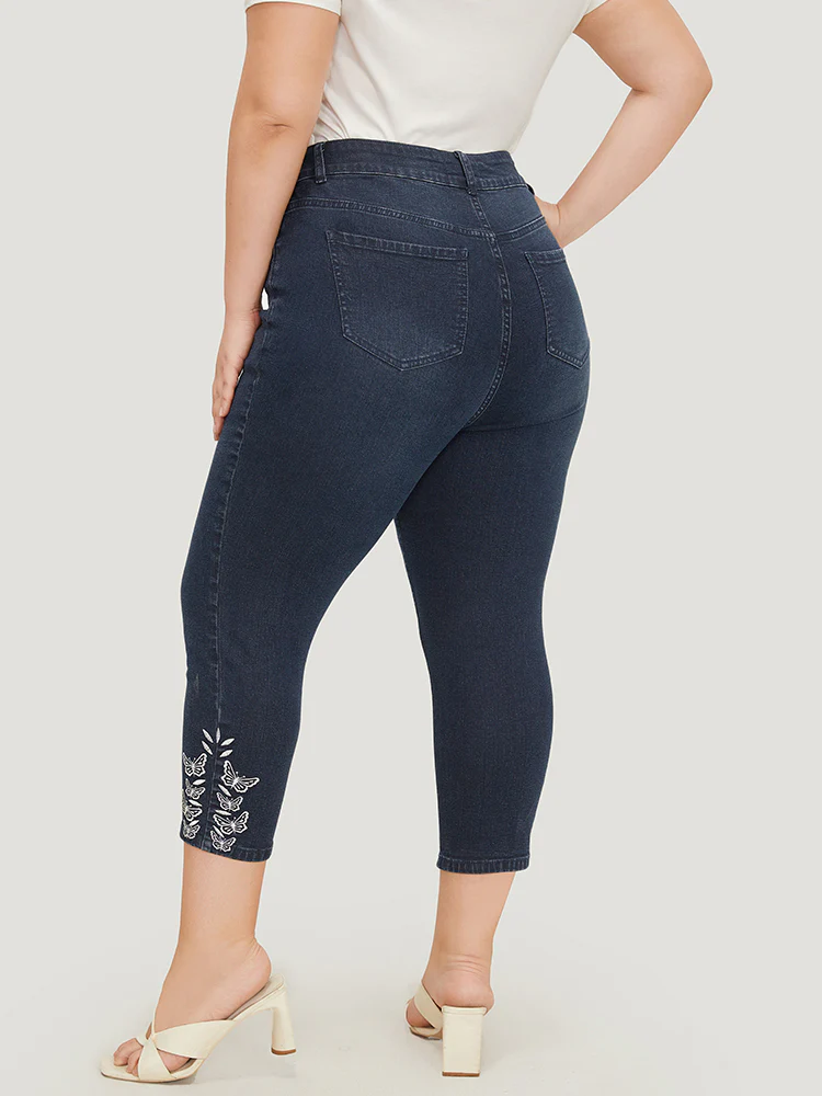 Very Stretchy High Rise Dark Wash Butterfly Embroidered Jeans - Image 7