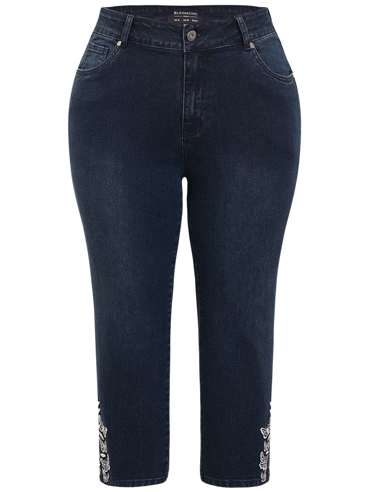 Very Stretchy High Rise Dark Wash Butterfly Embroidered Jeans - Image 8