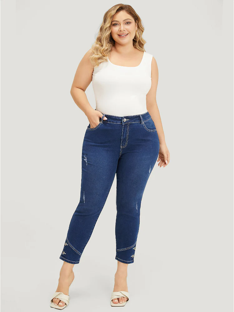 Very Stretchy High Rise Dark Wash Button Hem Jeans - Image 2