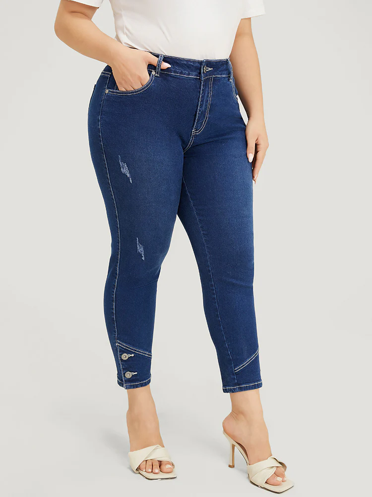 Very Stretchy High Rise Dark Wash Button Hem Jeans - Image 3