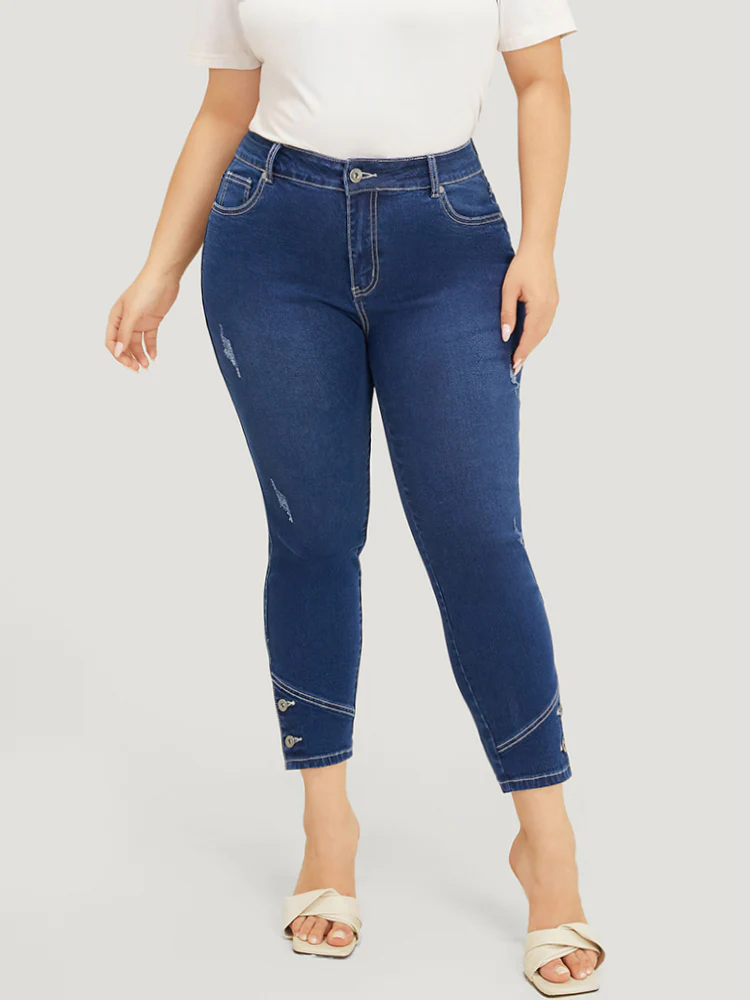 Very Stretchy High Rise Dark Wash Button Hem Jeans - Image 4