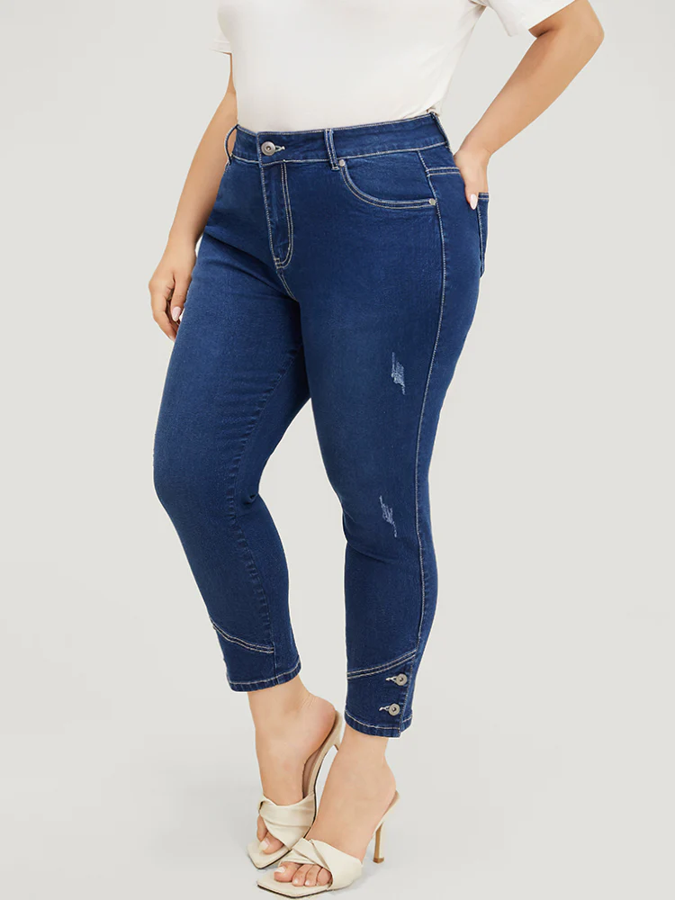 Very Stretchy High Rise Dark Wash Button Hem Jeans - Image 5