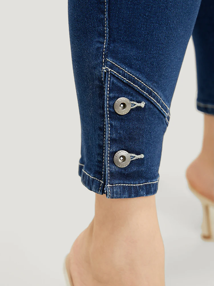 Very Stretchy High Rise Dark Wash Button Hem Jeans - Image 6