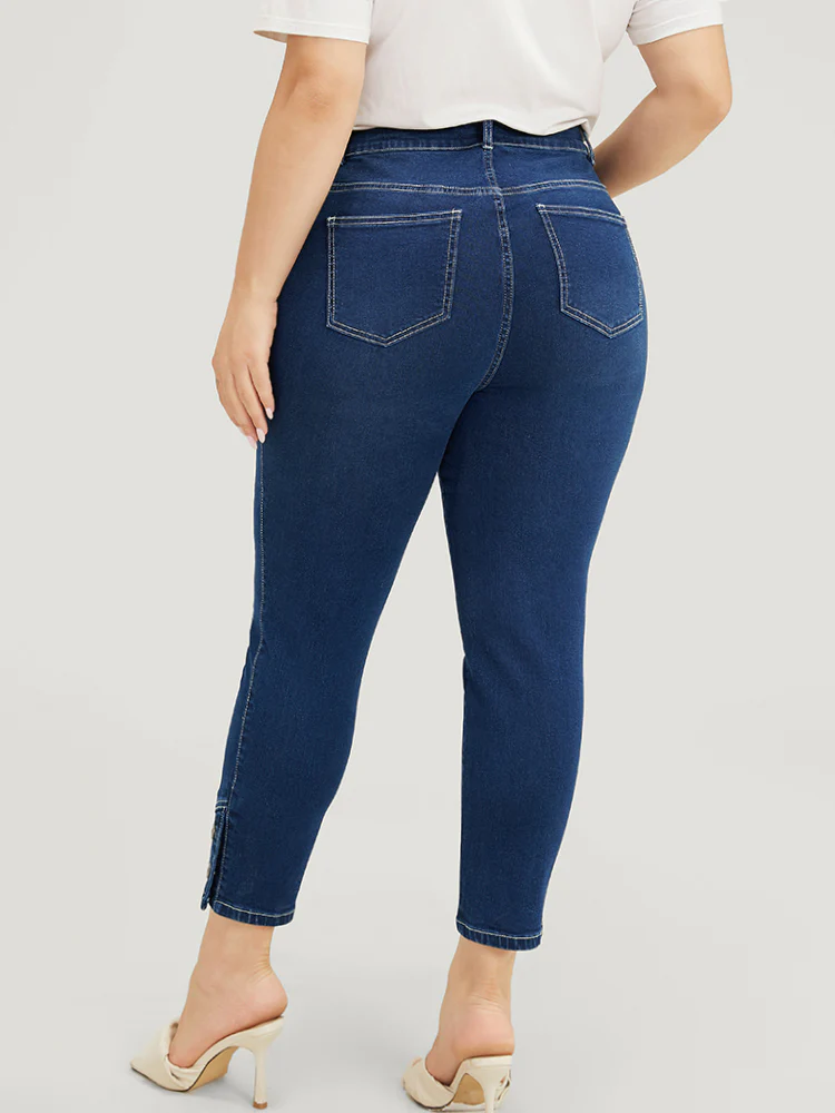 Very Stretchy High Rise Dark Wash Button Hem Jeans - Image 7