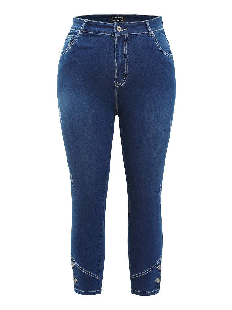 Very Stretchy High Rise Dark Wash Button Hem Jeans - Image 8