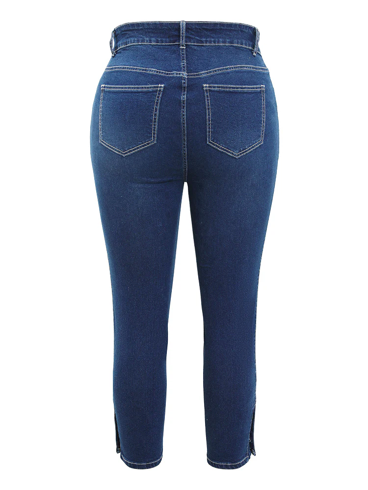 Very Stretchy High Rise Dark Wash Button Hem Jeans - Image 9