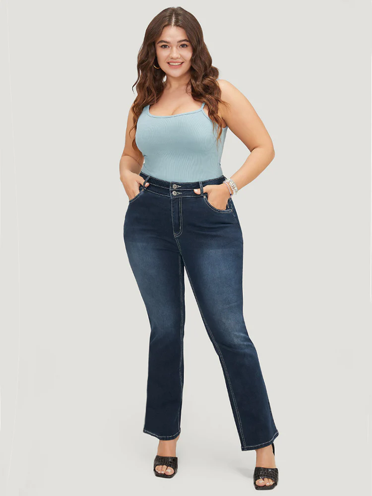 Very Stretchy High Rise Dark Wash Contrast Stitching  Jeans - Image 2