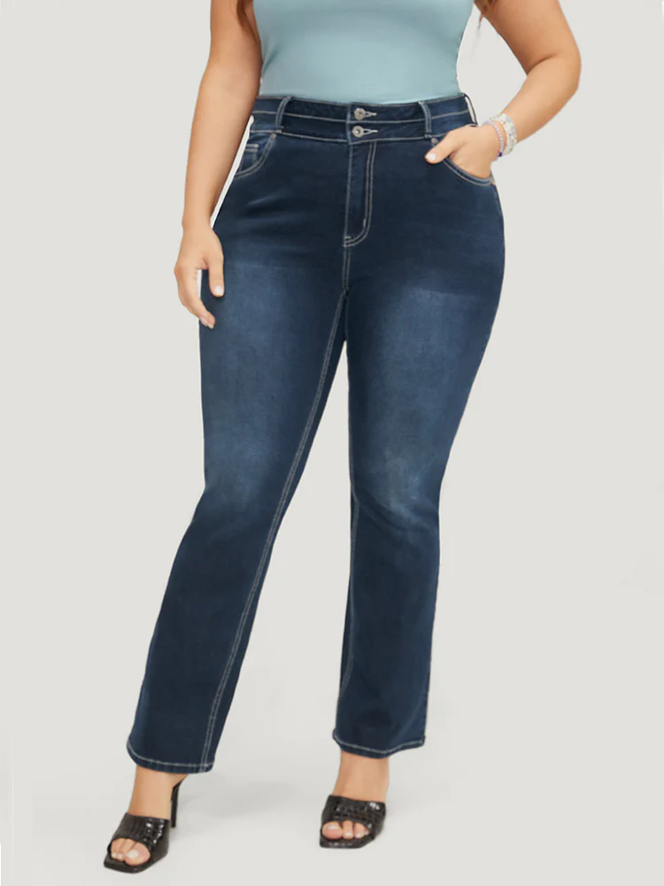 Very Stretchy High Rise Dark Wash Contrast Stitching  Jeans - Image 3