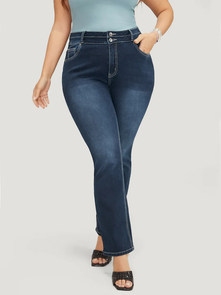 Very Stretchy High Rise Dark Wash Contrast Stitching  Jeans - Image 4