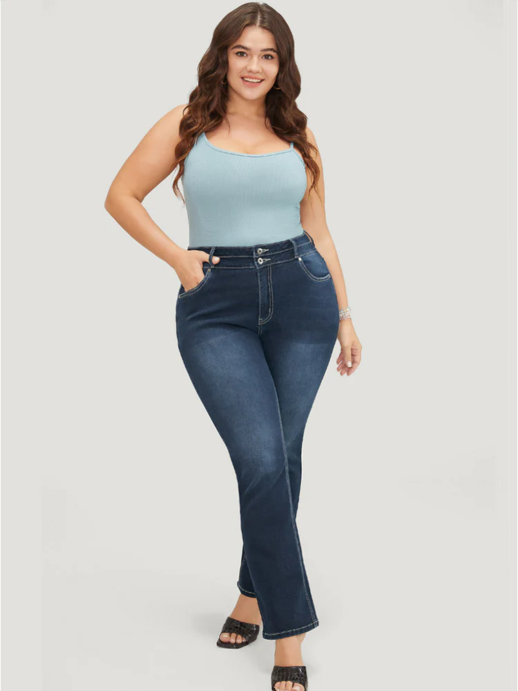 Very Stretchy High Rise Dark Wash Contrast Stitching  Jeans - Image 5