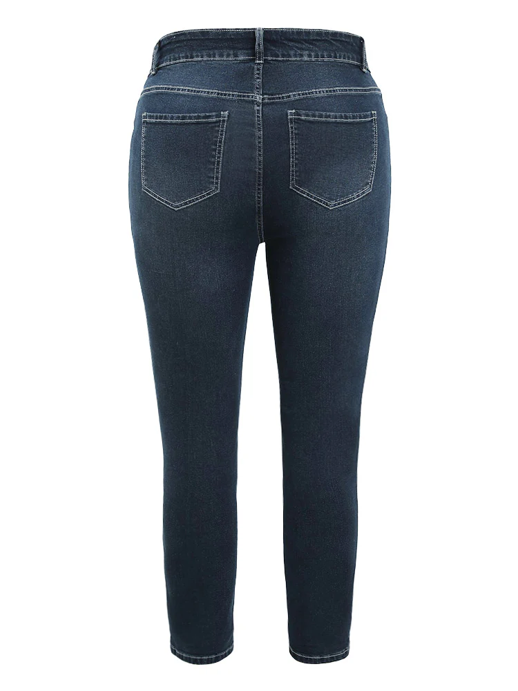 Very Stretchy  High Rise Dark Wash Distressed Stitch Jeans - Image 10